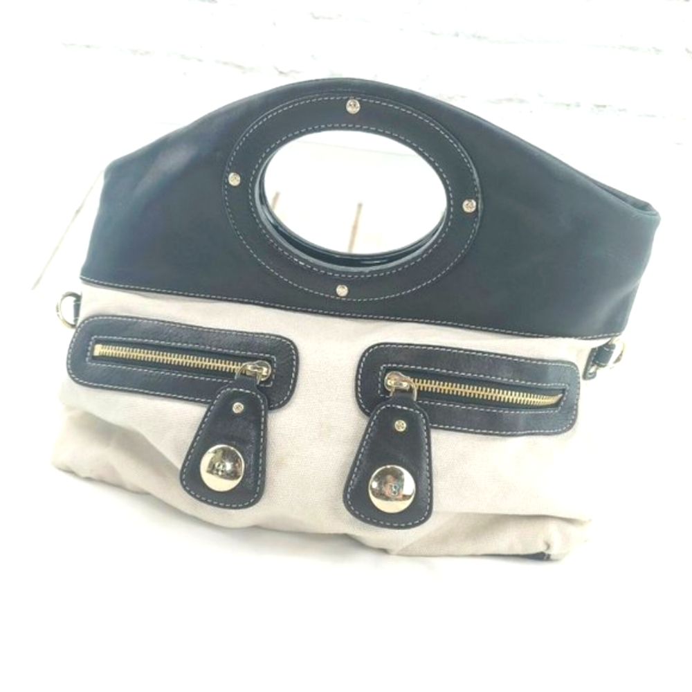 Kate Spade Womens Black Cream Canvas Leather Zip Pockets Crossbody Handb…